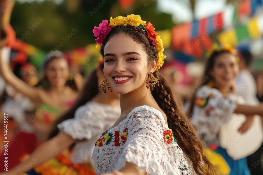 Vibrant Cultural Celebration: A group of people in traditional Hispanic attire, dancing joyfully at a street festival with colorful decorations and flags Vibrant Cultural Celebration: A group of people in traditional Hispanic attire, dancing joyfully at a street festival with colorful decorations and flags