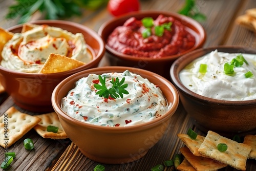 Bowls of assorted dips, including herb dip, roasted red pepper dip, and caramelized onion dip, are arranged with crackers and green onions on a wooden table