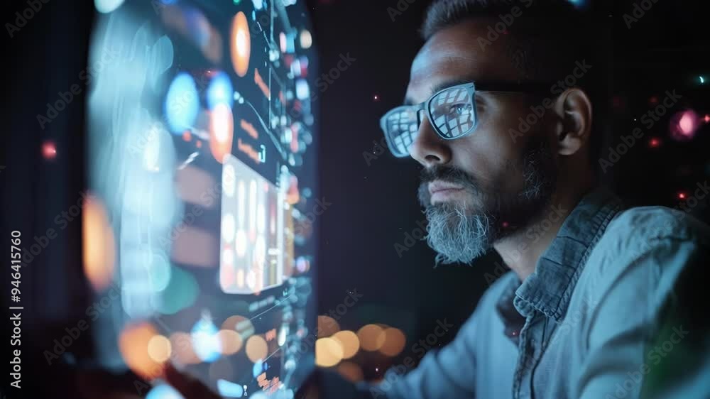 Software developer with glasses is working late, illuminated by the ...