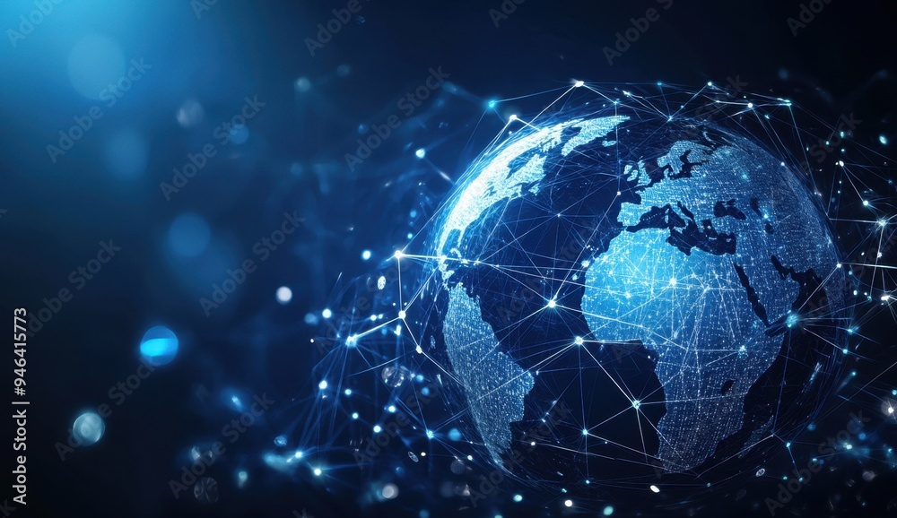 Obraz premium A digital illustration of the Earth surrounded by interconnected lines and nodes, symbolizing global connectivity in network technology Generative AI