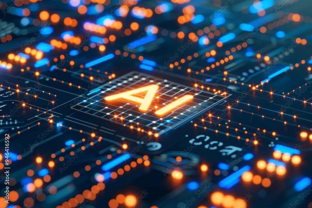 A digital illustration featuring the letters at the center of a glowing, futuristic interface. The dark blue background is filled with abstract geometric patterns and light connections. A digital illustration featuring the letters at the center of a glowing, futuristic interface. The dark blue background is filled with abstract geometric patterns and light connections.
