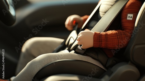 3D render of a child safely buckled in a car seat in a modern vehicle interior