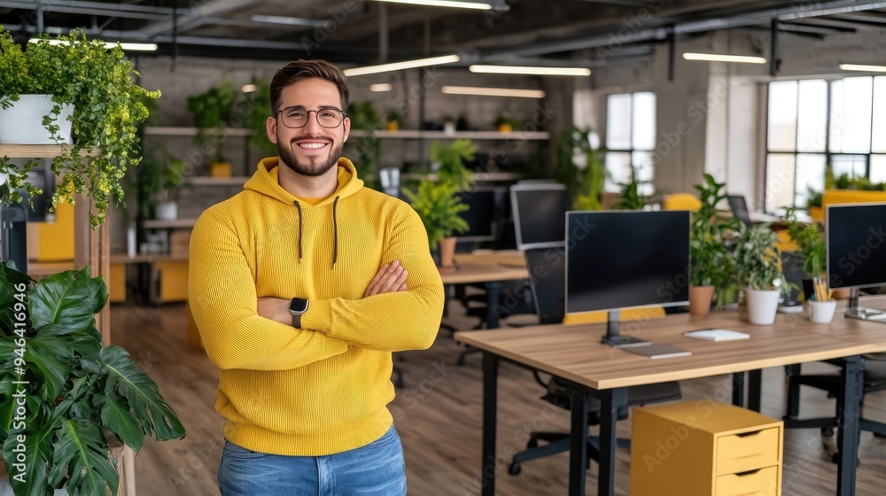 Fototapeta premium A cheerful young Indian man stands in a contemporary office space, wearing a hoodie and glasses, showcasing a relaxed and confident demeanor while smiling warmly