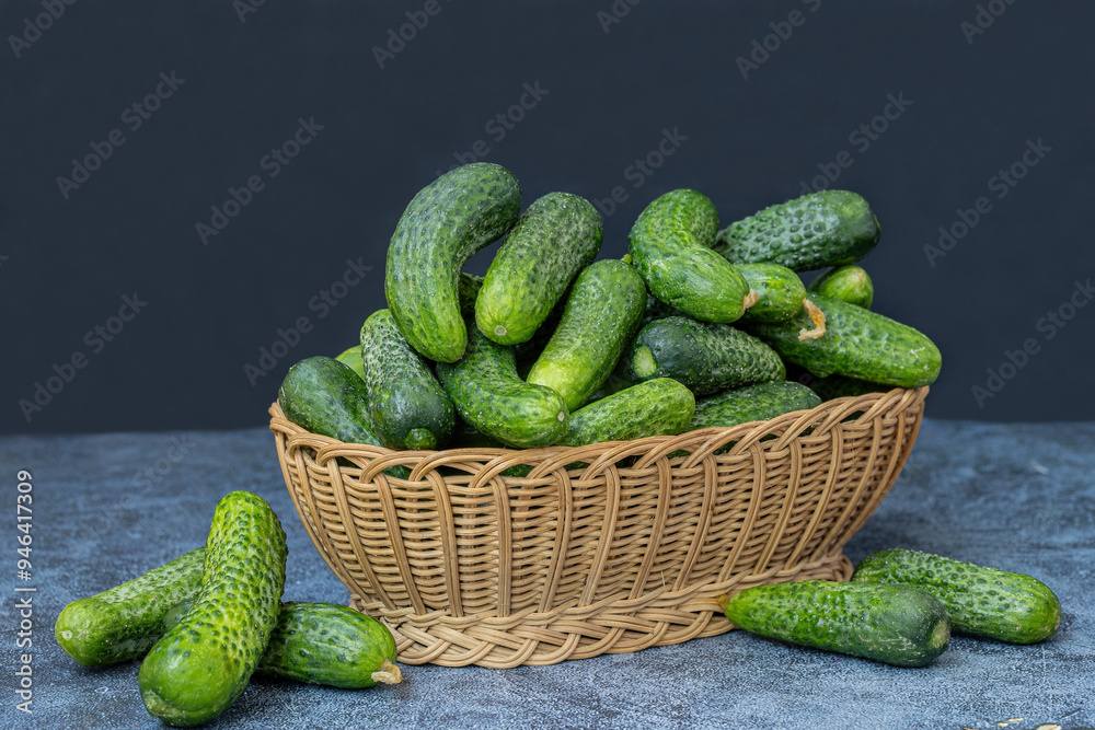 Fresh Cornichon cucumbers in a basket.