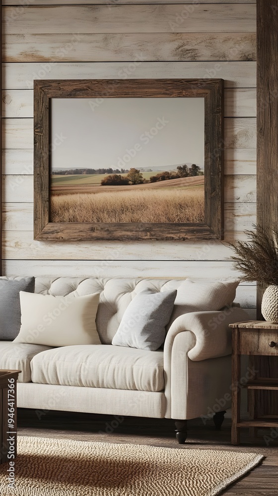 Fototapeta premium Reclaimed Wood Frame Mockup Displayed on Warm Shiplap Wall in Inviting Farmhouse Living Area with Overstuffed Linen Sofa Rustic End Tables and Panoramic Countryside Landscape