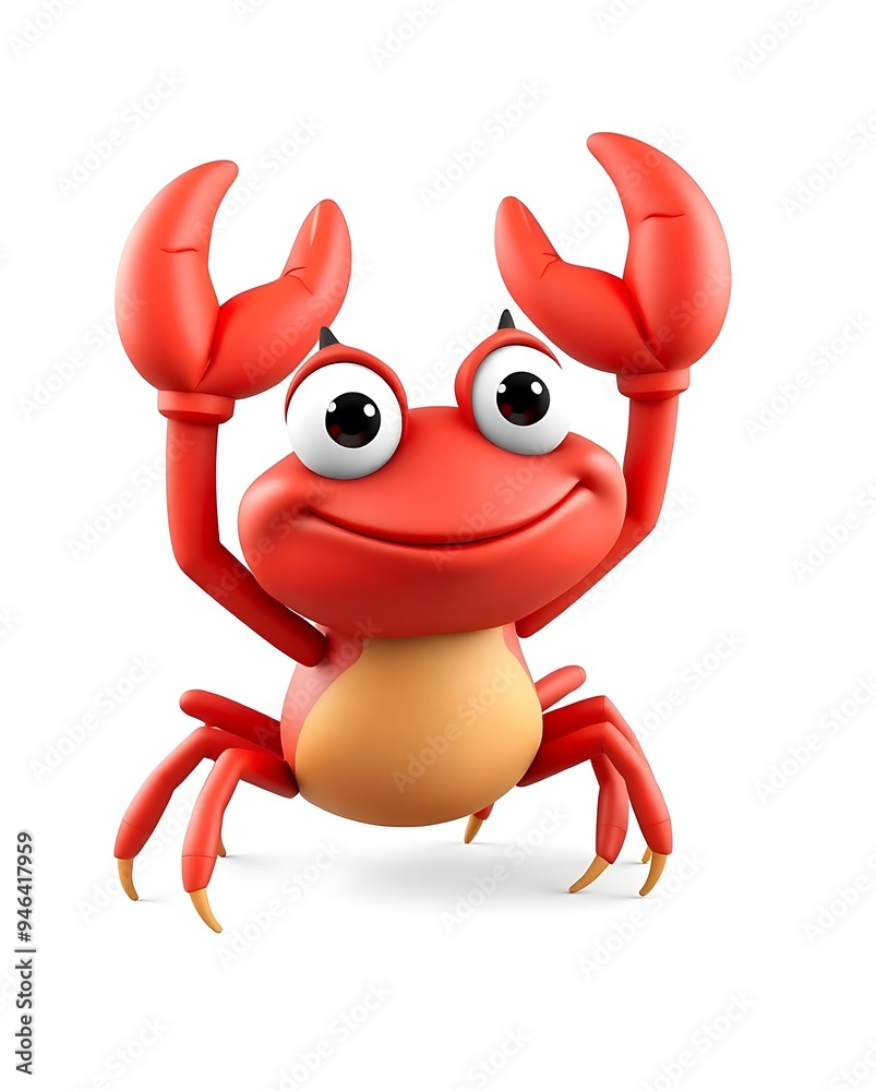 Happy 3D Cartoon Crab with Claws Raised Happy 3D Cartoon Crab with Claws Raised