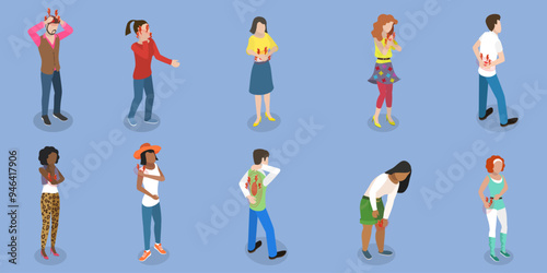 3D Isometric Flat Vector Set of Body Pain, Chronic Ache, Joint Inflammation, Headache