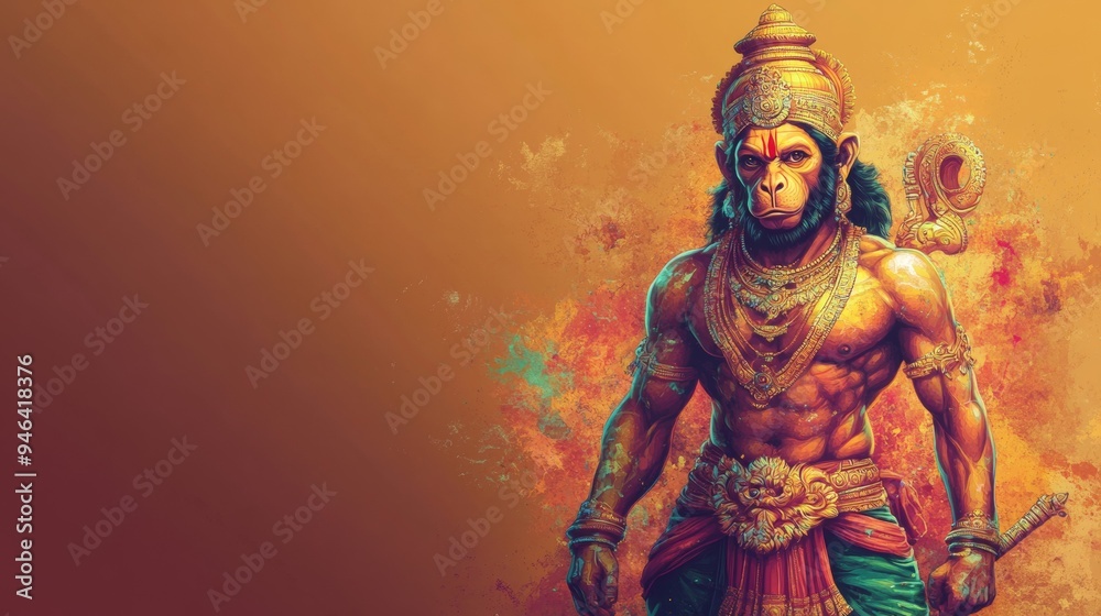 The image of Lord Hanuman, superbly built, muscular, bright, colorful, with a place to copy the text. The image of Lord Hanuman, superbly built, muscular, bright, colorful, with a place to copy the text.
