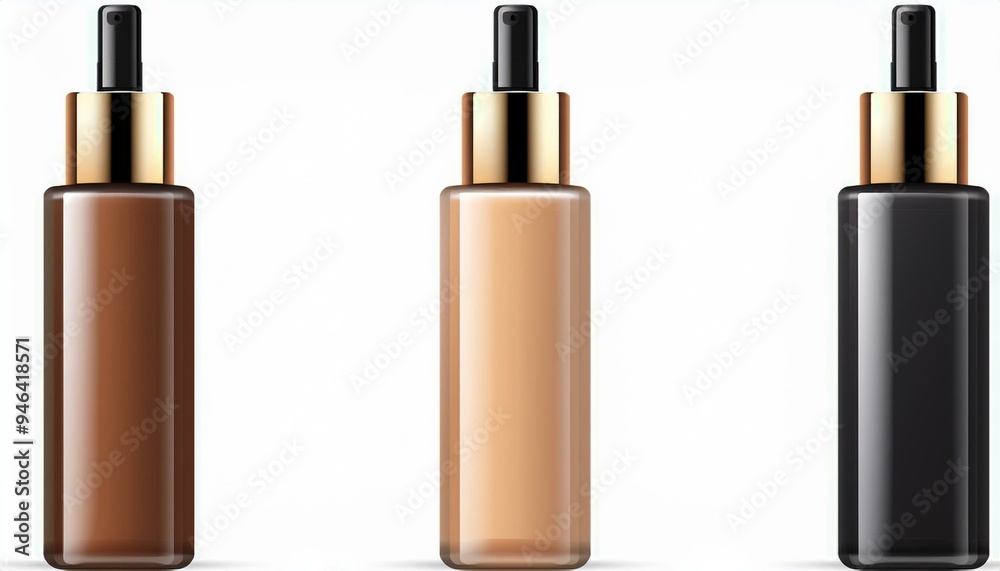 Obraz premium A realistic glass bottle of makeup foundation with a pump, blank cosmetic packaging templates with options for black, silver, or gold caps, illustrated in a vector style on a white background