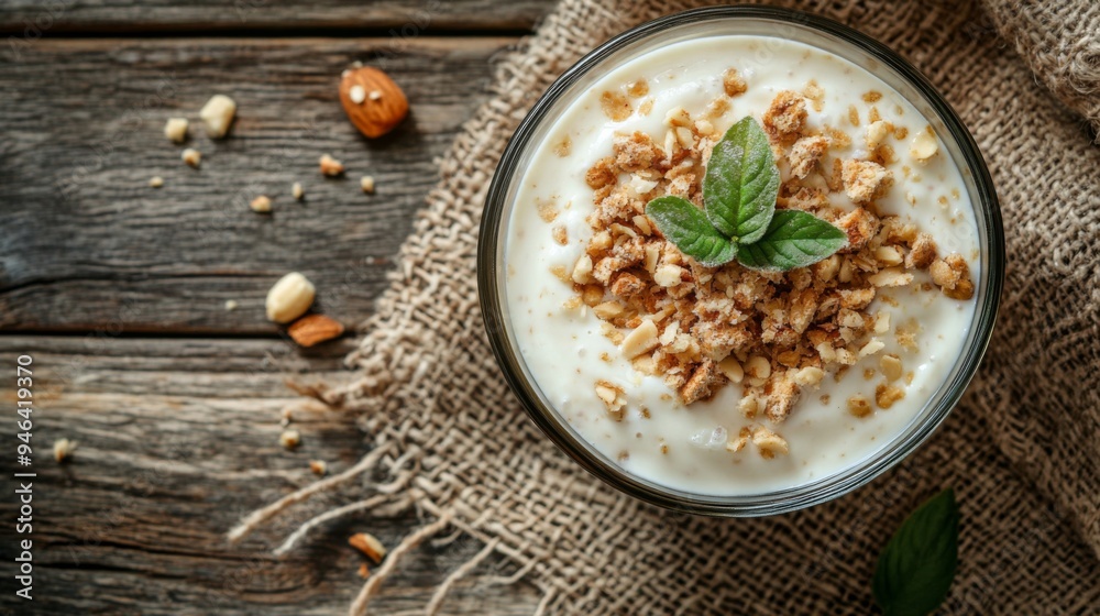 Nutritious Breakfast Concept - Top View of Yogurt with Rusks and Nuts Nutritious Breakfast Concept - Top View of Yogurt with Rusks and Nuts