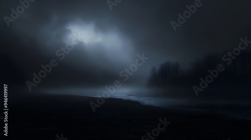A conceptual image depicting the gradual encroachment of darkness over a serene landscape as the light fades away leaving only the silhouettes of forms and shapes against a muted atmospheric backdrop