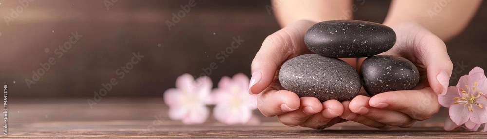A closeup of a womans hands holding hot stones, with a background of wooden spa furniture and blooming flowers A closeup of a womans hands holding hot stones, with a background of wooden spa furniture and blooming flowers