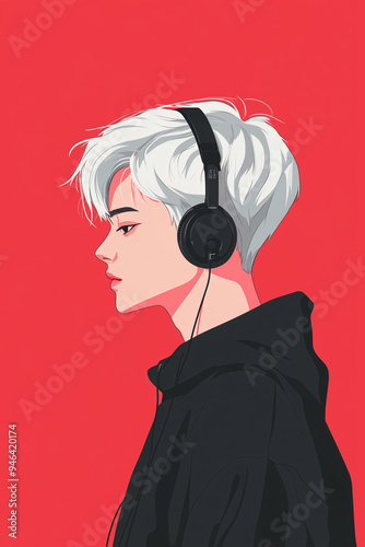 Digital illustration of a person with white hair wearing headphones and a black hoodie against a bold red background, side profile view. photo