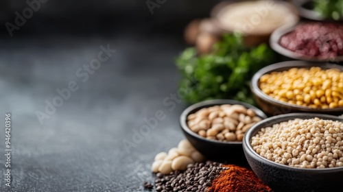 A colorful assortment of different grains and spices neatly arranged in small ceramic bowls on a textured surface. This image emphasizes culinary variety and the essence of ingredients. photo