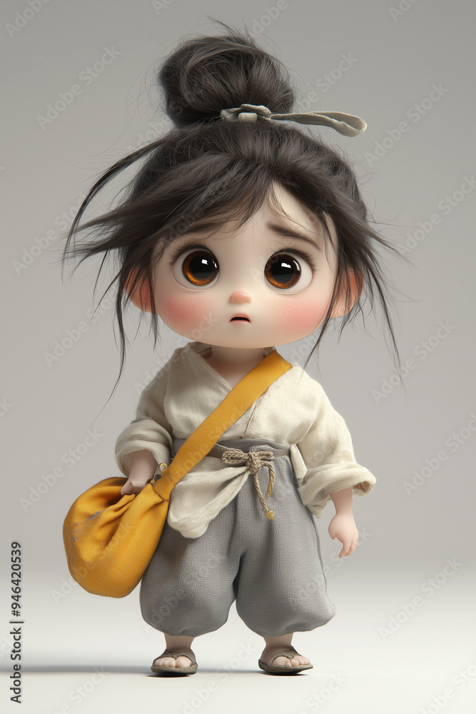 Adorable animated character with big eyes, wearing traditional clothing and a yellow bag. Cute and charming illustration. Adorable animated character with big eyes, wearing traditional clothing and a yellow bag. Cute and charming illustration.