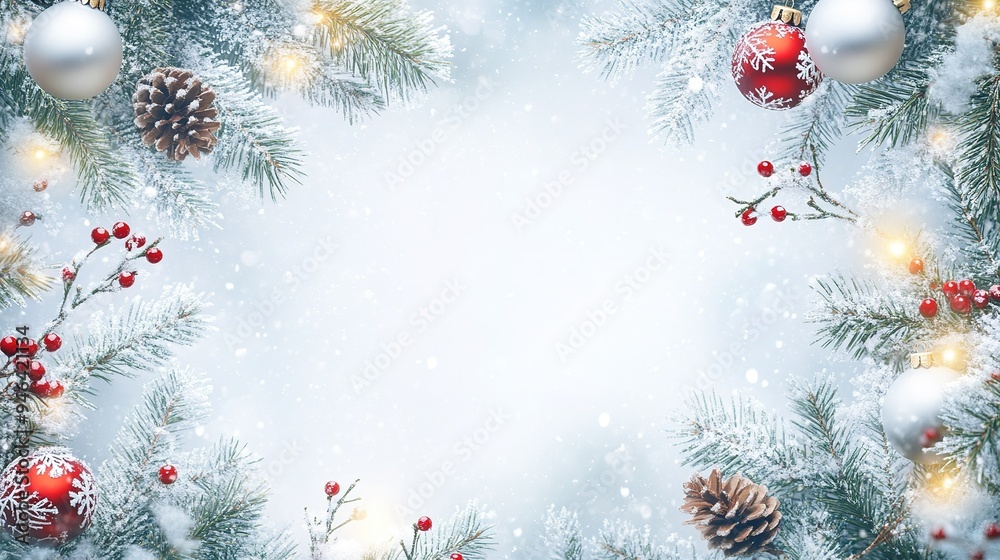 Winter holiday decorations featuring snow-dusted pine branches, ornaments, and pinecones arranged in a festive border during the Christmas season Winter holiday decorations featuring snow-dusted pine branches, ornaments, and pinecones arranged in a festive border during the Christmas season