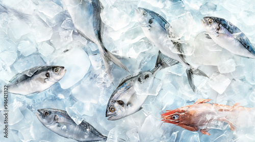 A group of fish are swimming in a tank with ice