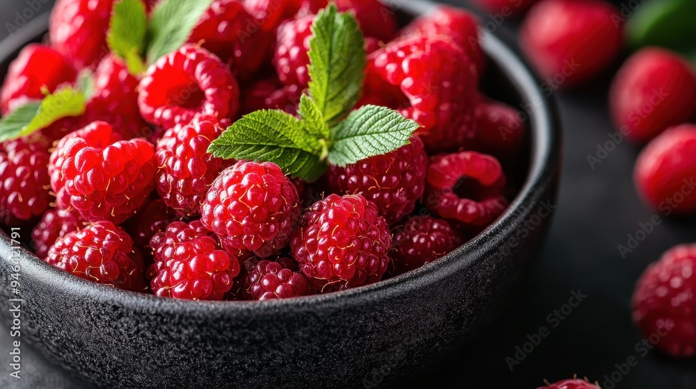 A bowl filled with ripe, red raspberries accompanied by small green garnishing leaves, emphasizing the freshness and natural appeal of the fruit against a dark background. A bowl filled with ripe, red raspberries accompanied by small green garnishing leaves, emphasizing the freshness and natural appeal of the fruit against a dark background.