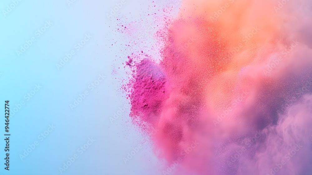 Colorful powder explosion on a pastel background, a Holi festival concept. High-speed shutter, action shot, isolated on a blue studio backdrop Colorful powder explosion on a pastel background, a Holi festival concept. High-speed shutter, action shot, isolated on a blue studio backdrop