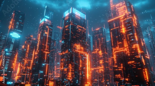 Futuristic Cityscape with Neon Lights and Stars