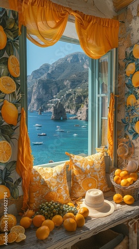 Cozy Mediterranean interior with vibrant orange-themed decor and a view of the sea through an open window, ideal for home and lifestyle concepts. photo