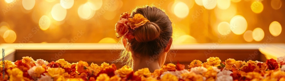 Naklejka premium A woman relaxing in a wooden sauna, surrounded by the soothing aroma of flowers and the warmth of hot stones