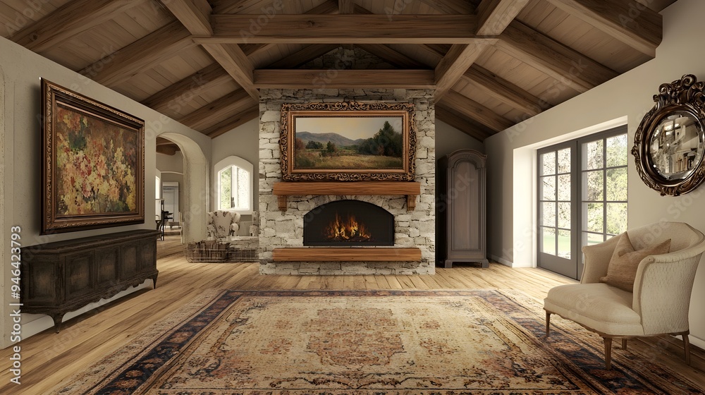 Rustic farmhouse great room with vaulted ceiling exposed wood trusses stone fireplace with floating wood mantel plush area rug antique armchair and large ornate frame mockup for oil painting