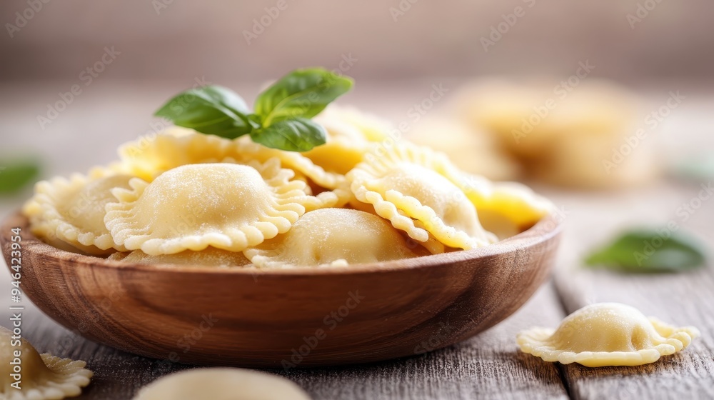 A delicious bowl of fresh ravioli pasta garnished with basil leaves, showcasing the Italian culinary expertise in a rustic wooden bowl, ready to be enjoyed. A delicious bowl of fresh ravioli pasta garnished with basil leaves, showcasing the Italian culinary expertise in a rustic wooden bowl, ready to be enjoyed.