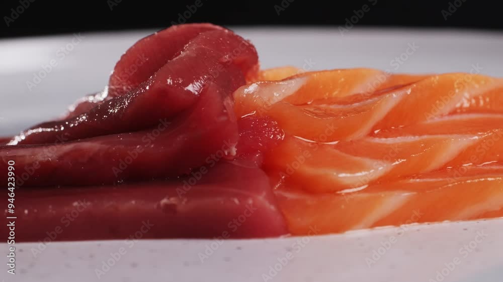 Sashimi Platter, japanese sushi restaurant, Fresh Tuna and Salmon Slices in modern cafe, traditional food, raw red fish dish, omega 3. Sashimi Platter, japanese sushi restaurant, Fresh Tuna and Salmon Slices in modern cafe, traditional food, raw red fish dish, omega 3.