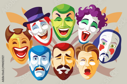 Collection of comedy masks of theater actors, watercolor clipart illustration with isolated background.
