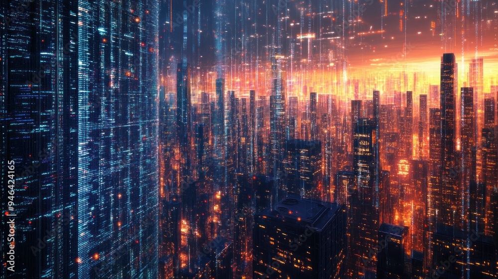 Fototapeta premium Futuristic Cityscape with Glowing Lights and Digital Rain