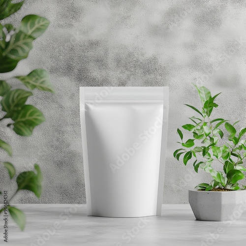 Minimalist Pet Food Packaging: Elegant White Stand-up Pouch Against Concrete Backdrop. Modern Design for Premium Animal Nutrition, Blending Simplicity and Sophistication in Pet Care Product Marketing 