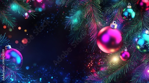 Colorful Christmas ornaments reflecting festive lights on pine branches during the holiday season