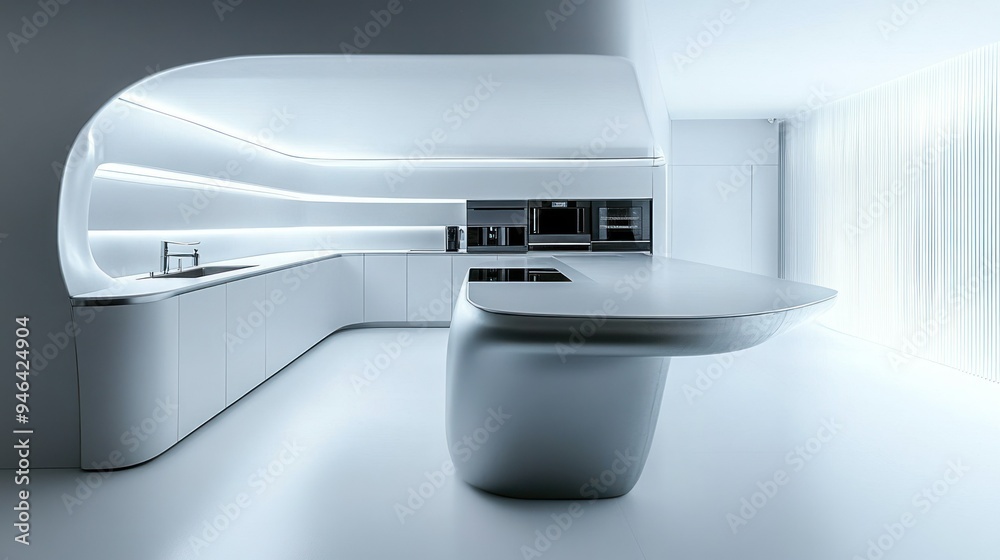 Modern Kitchen with Curved Countertop and Sleek Appliances Modern Kitchen with Curved Countertop and Sleek Appliances