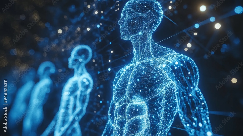 Prominent holographic displays depict human anatomy and bodily functions, showcasing advanced technology at a recent scientific exhibition. Prominent holographic displays depict human anatomy and bodily functions, showcasing advanced technology at a recent scientific exhibition.