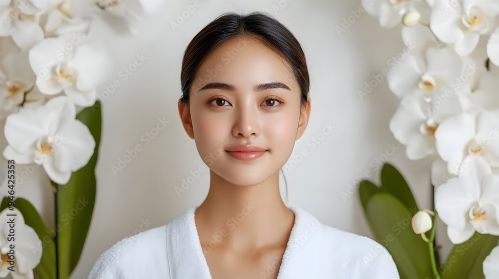 Serene Asian Woman in Minimalist Spa Surrounded by White Orchids Serene Asian Woman in Minimalist Spa Surrounded by White Orchids