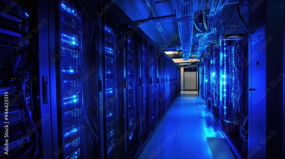 Data center with rows of servers, blue LED lights glowing in a dimly lit room, wires and cables visible Data center with rows of servers, blue LED lights glowing in a dimly lit room, wires and cables visible
