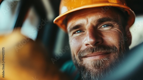 A bearded construction worker wearing a yellow safety helmet smiles warmly, showcasing a friendly and positive demeanor while possibly taking a break on the job.