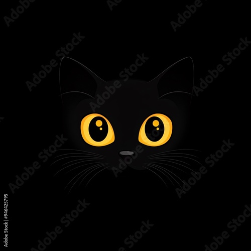 Mysterious Black Cat with Glowing Yellow Eyes on Dark Background