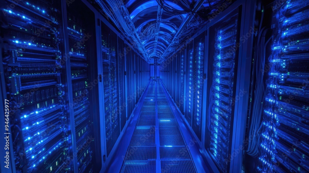 Obraz premium Data center with rows of servers, blue LED lights glowing in a dimly lit room, wires and cables visible