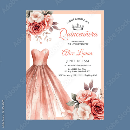 Dress Quinceanera Rose Gold Invitation