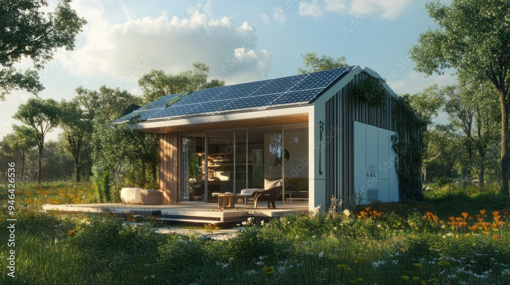 Modern Eco-Friendly Cabin with Solar Panels and Lush Greenery Modern Eco-Friendly Cabin with Solar Panels and Lush Greenery