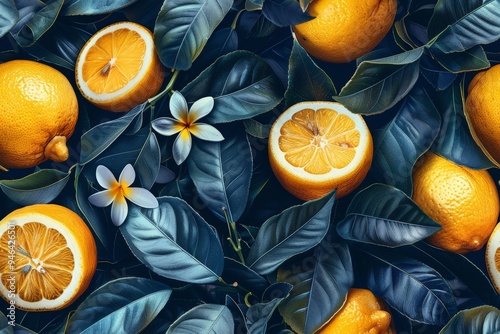 Juicy oranges and plumeria flowers on a background of dark green leaves, creating a vibrant and tropical still life composition. photo