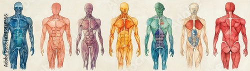 Vibrant watercolor of human muscles in anatomical context, research visualized through scientific symbols and intricate connections of form and color