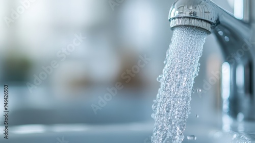 Close-up of a silver faucet with water flowing into the sink, depicted with a blurred background. It symbolizes purity, cleanliness, and the essential need for hydration. photo