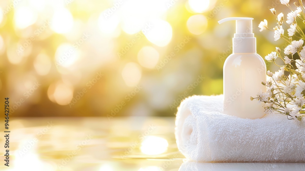 A serene setting featuring a bottle of lotion beside a soft towel and delicate flowers, bathed in warm, natural sunlight. A serene setting featuring a bottle of lotion beside a soft towel and delicate flowers, bathed in warm, natural sunlight.