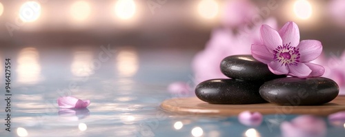 A peaceful spa setting where a woman is lying on a wooden table, covered in flowers and hot stones