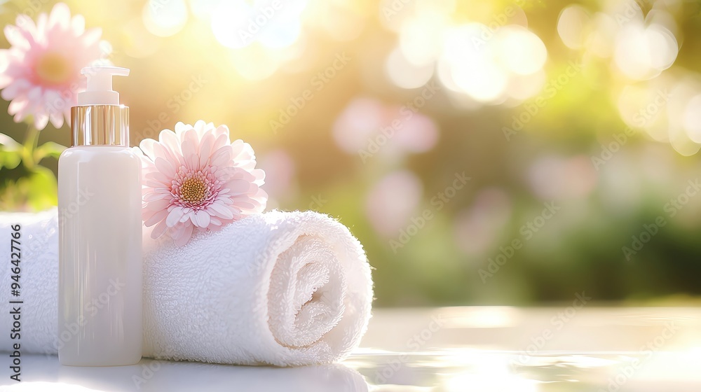 A serene spa scene featuring a bottle of lotion beside a soft towel and blooming flowers, evoking relaxation and rejuvenation. A serene spa scene featuring a bottle of lotion beside a soft towel and blooming flowers, evoking relaxation and rejuvenation.