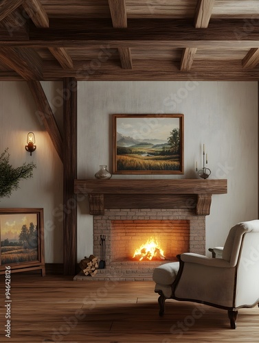 Rustic farmhouse living room interior with wooden beams cozy fireplace vintage armchair and antique wooden frame mockup with a landscape painting