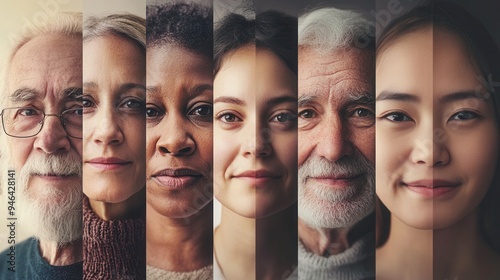 A collection of diverse individuals, showcasing different ages and ethnicities, each displaying unique expressions in a warm, inviting atmosphere. Generative AI photo